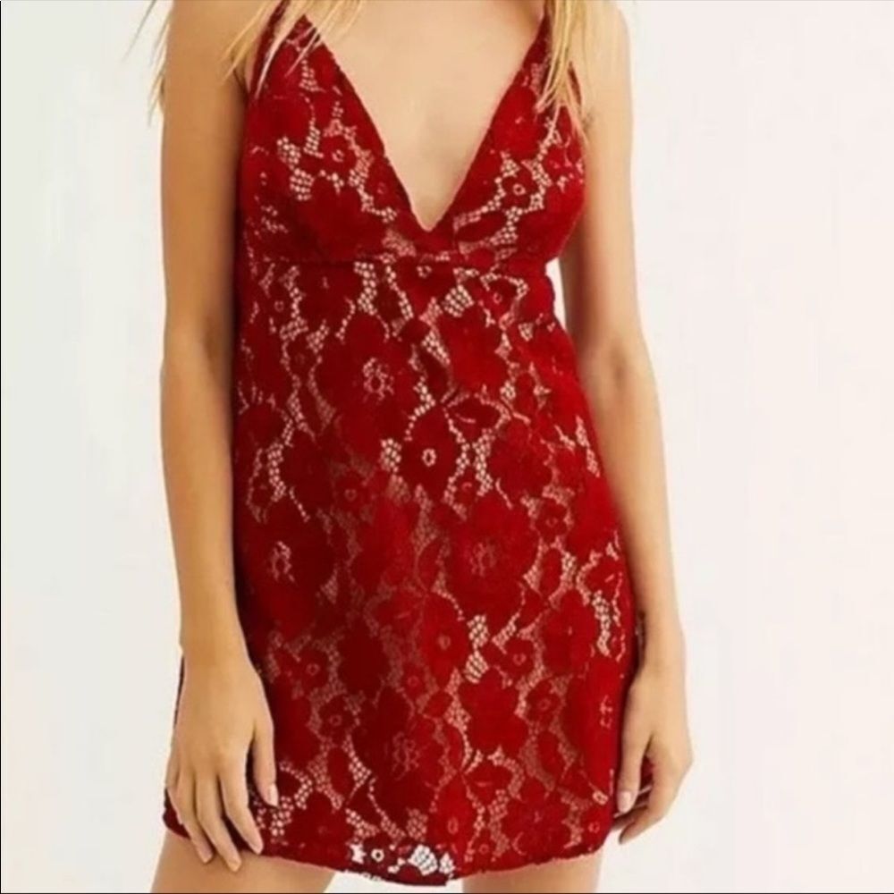NWOT Free People Overlay Red Lace Mini Dress 12
